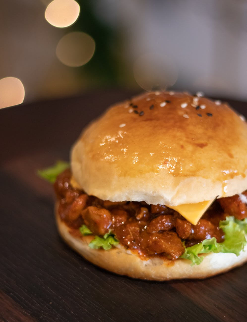 Sloppy joe sandwich on a toasted bun with saucy ground beef filling