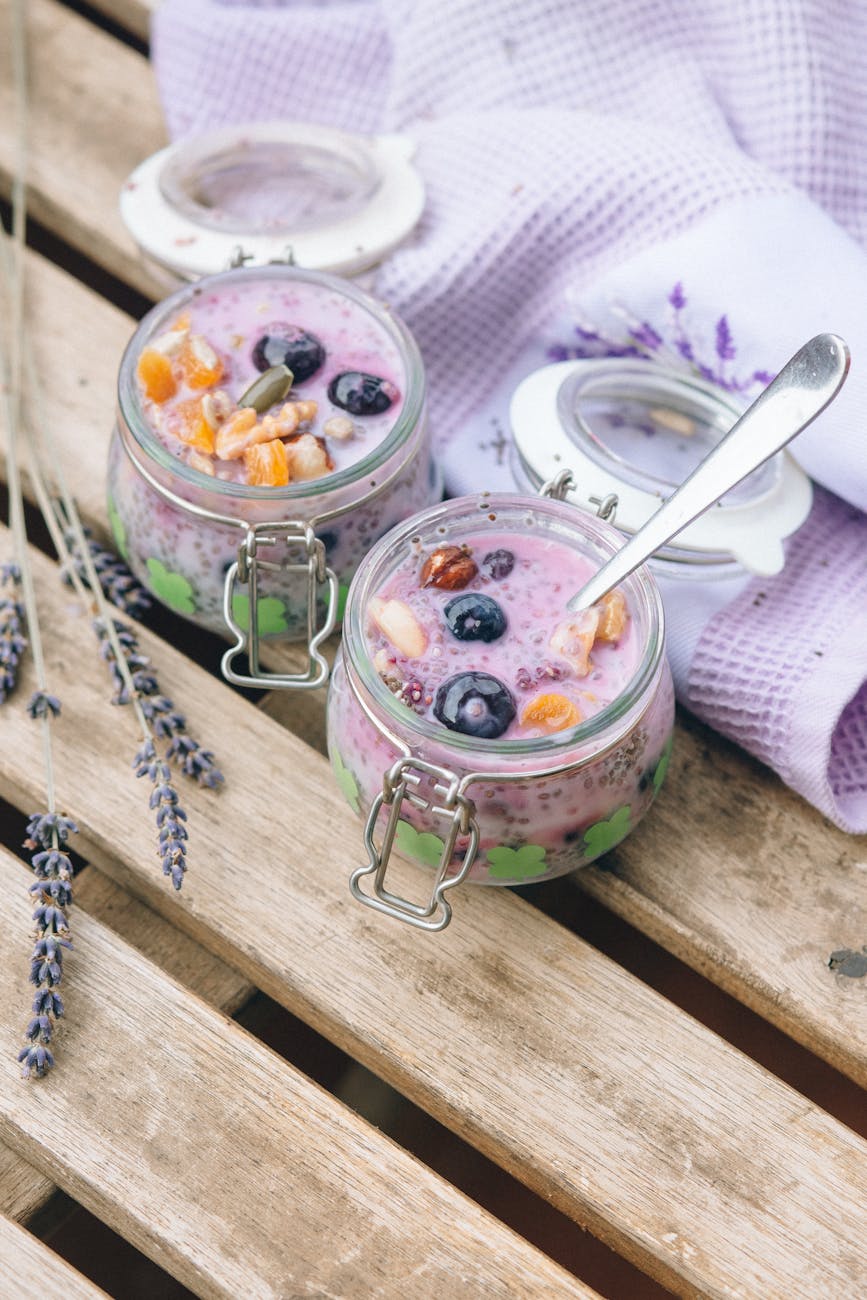 Overnight oats in a jar with berries and honey